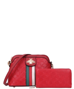 2in1 Bee Accent Quilted Crossbody Bag Wallet Set BE-8566W  RED
